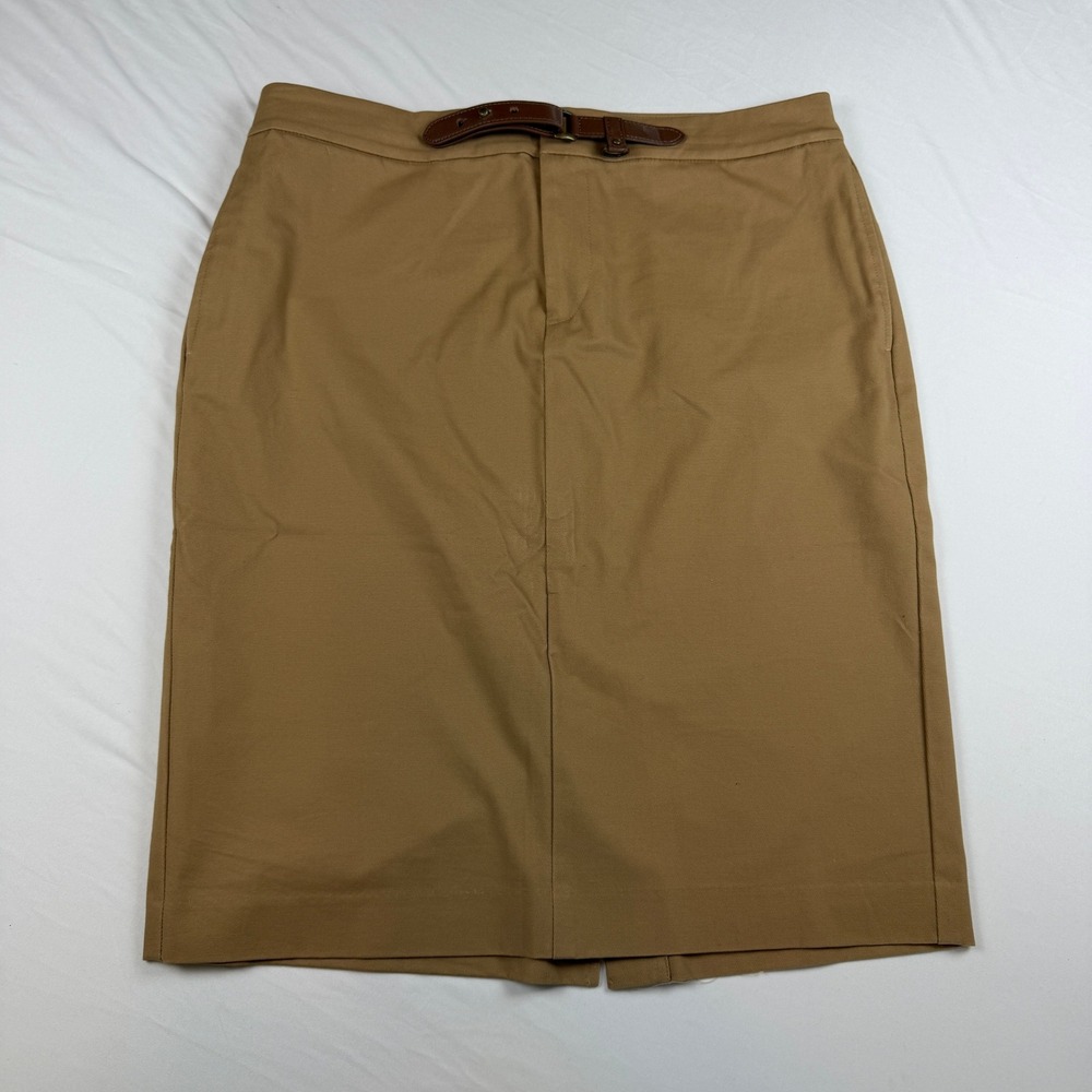 Lauren Ralph Lauren Tan Khaki Belted Pencil Skirt Size 8 Cotton Blend Stretch